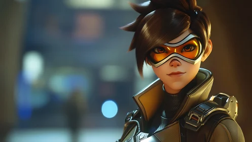 Bright-eyed sci‑fi heroine pausing in a soft city glow.