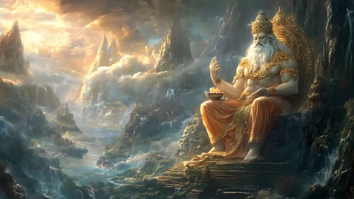 Seated mythic figure in ornate garb amid mountainous clouds.