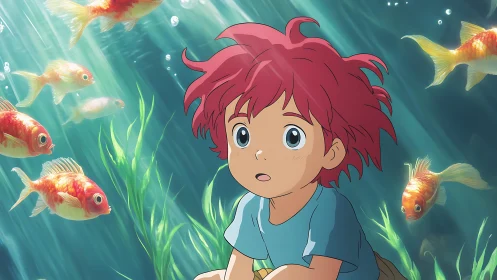 Young underwater character observes surrounding goldfish calmly