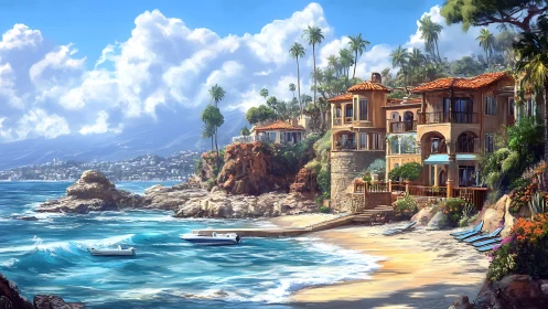 Mediterranean cliffside villas overlook turquoise surf. Period.