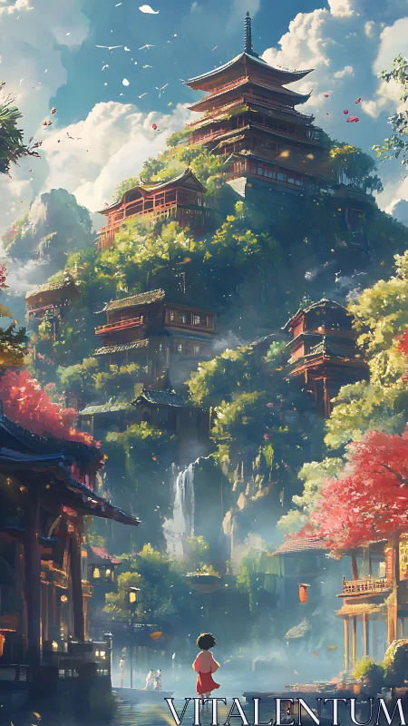 Tiered mountain pagoda city with child observer in foreground