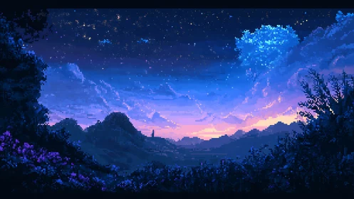 Pixel landscape shows twilight mountains and starry sky