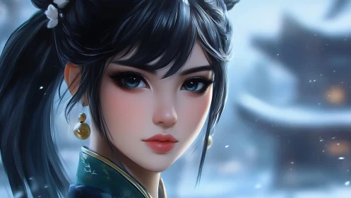 Snowlit gaze cuts through winter hush and lantern haze