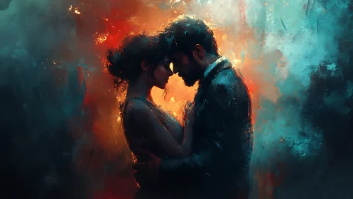 Two souls ignite where fire and twilight converge in tender collision