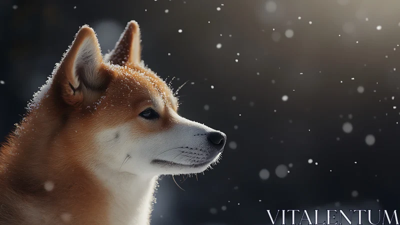 Shiba inu profile under soft falling winter snowlight.