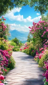 Stone path through colorful flower garden to mountains.