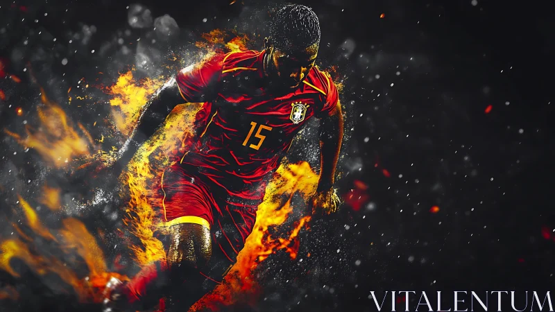 Dynamic fiery footballer in motion, high-impact digital painting.