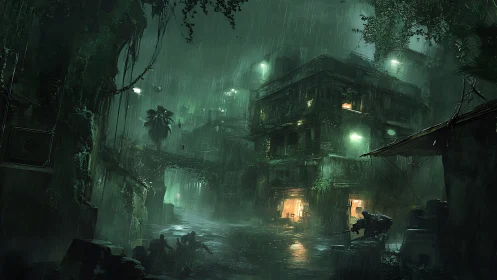 Rain-soaked cyberpunk alley shows overgrown ruins and armed scout