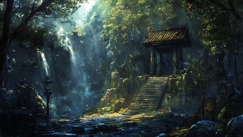 Ancient temple structure in forested canyon with atmospheric light.