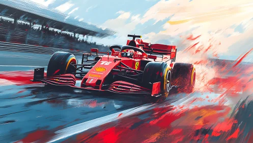 Red Formula 1 car blasts through wet circuit in motion blur.