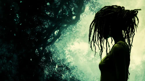 Mystical forest silhouette with dreamy, thoughtful energy.