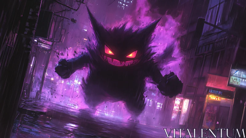 Large purple specter in rainy neon urban street scene.