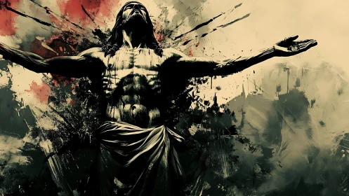 Cruciform male figure with extended arms in abstract space.