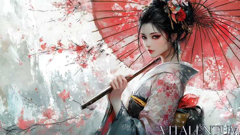 Graceful kimono beauty beneath a blooming red parasol.