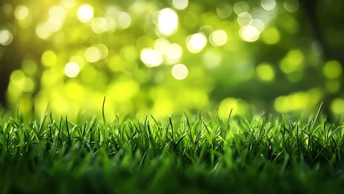 Close-up of Lush Green Grass with Sunlight Bokeh, Nature Photography.