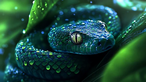 Iridescent viper coils with refractive rain-bead microtextures.