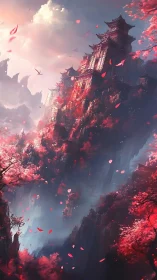 Dreamy cliffside temples wrapped in drifting cherry petals.