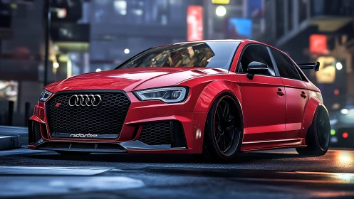 Red modified hatchback is parked on a wet urban street