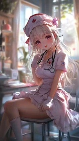Anime nurse character seated in softly lit clinic interior.