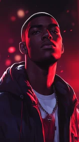 Confident young hero glowing under bold neon red light.