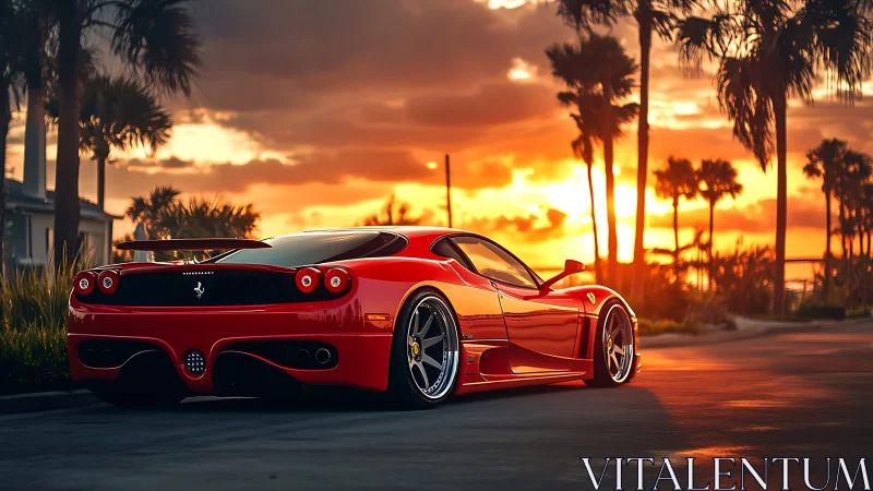 Red sports coupe on coastal road at vivid sunset light.