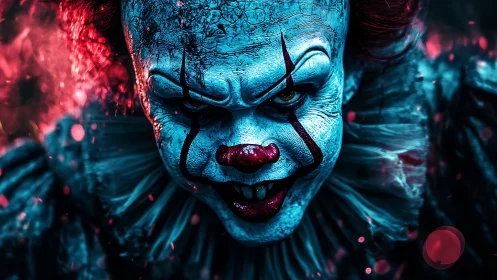 Clown face rendered in high contrast blue and red lighting