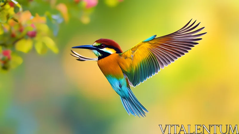 Vibrant European Bee-Eater in Flight Against Soft Nature Background.