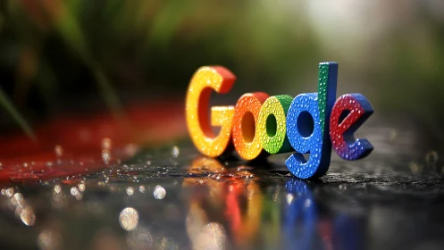 Rainbow Google logo gleams on rain-slicked reflective street.