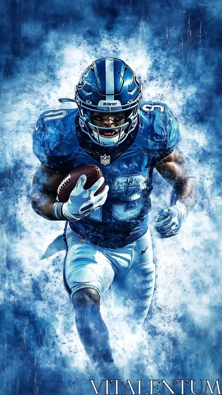Storm-surge running back explodes through electric blue haze.