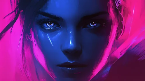 Neon gaze carves electric calm through midnight pigments