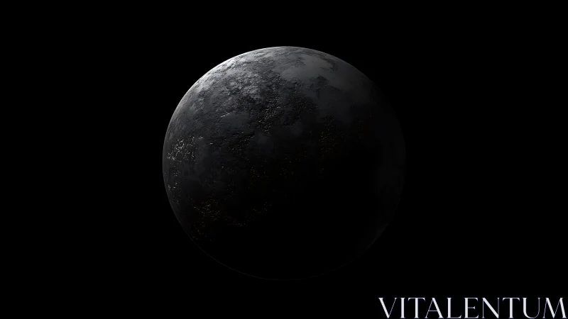Dark exoplanet with rough metallic crust rendered in low key lighting