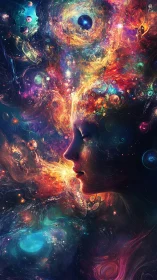 Profile silhouette integrated with multicolored cosmic field.