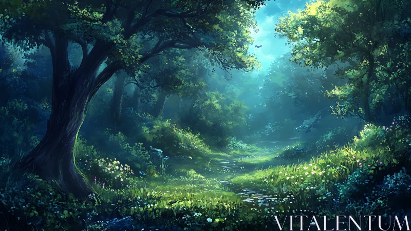 Enchanted Forest Clearing with Ancient Trees and Ethereal Light