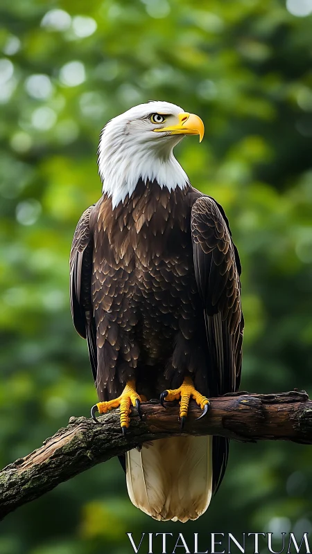 Bald eagle perched on branch against soft green bokeh forest