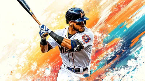 Baseball slugger swings amid explosive abstract color burst.