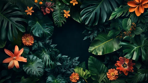 Lush tropical leaves frame vibrant orange blossoms dramatically.