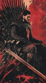 Brooding armored king sits on spiked throne amid crimson storm