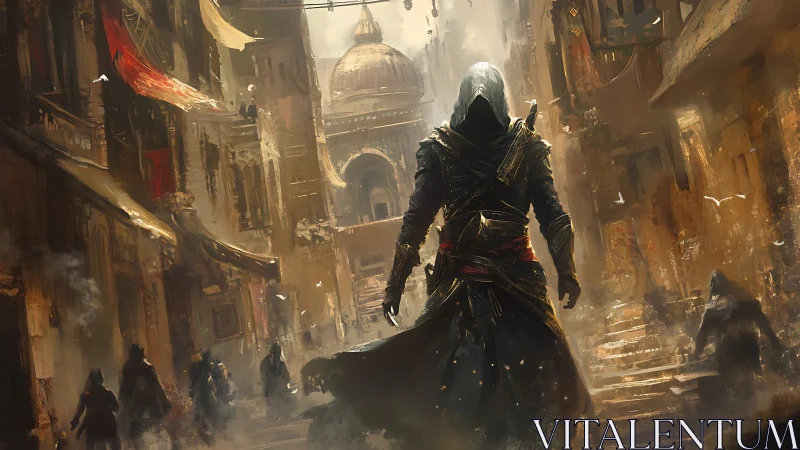 Hooded figure in cloaked group within old city street.