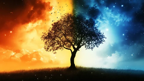 Solitary tree divides blazing day and luminous night sky