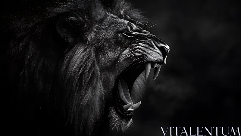 Roaring lion head rendered in high contrast monochrome profile