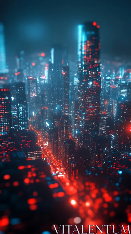 Neon-lit cyberpunk megacity skyline with red blue bokeh haze