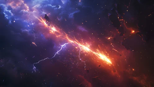 Cosmic lightning river splitting a stormy violet nebula.