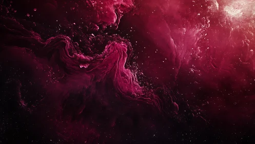 Deep red fluid structures form swirling abstract cloud field