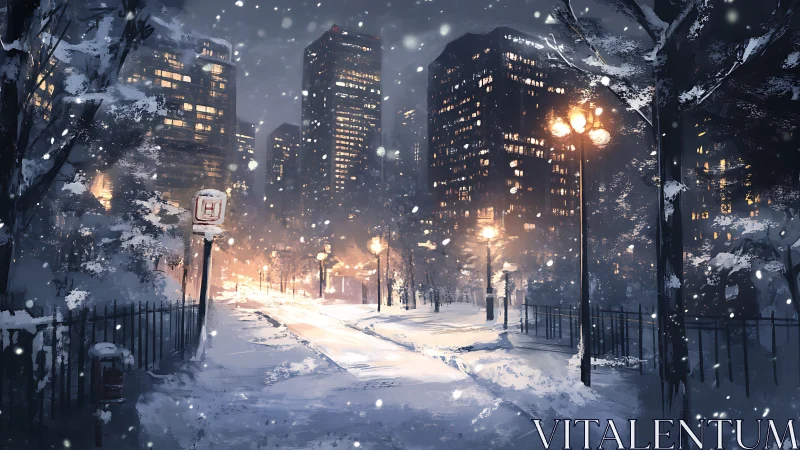 Nocturnal urban snowfall with luminous arterial boulevard.