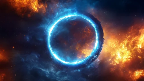 Luminous blue portal ring glows amid fiery cosmic clouds.