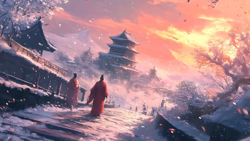 Winter temple walk beneath a glowing peach sunrise.