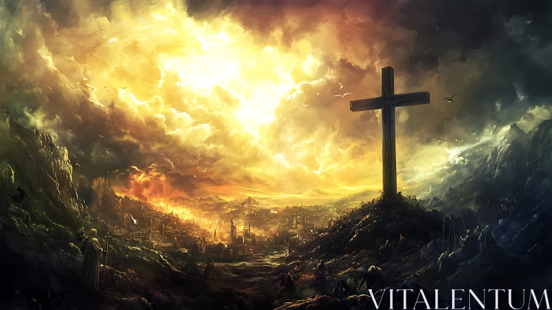 Large cross structure overlooks burning valley cityscape