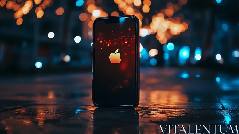Smartphone with glowing logo on wet street at night.