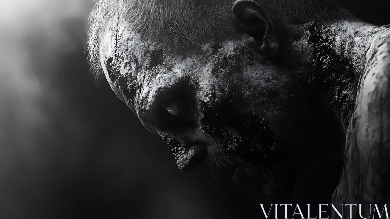 Decayed male profile lowers head in harsh side lighting