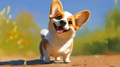 Cartoon corgi dog outdoors with bright happy expression.